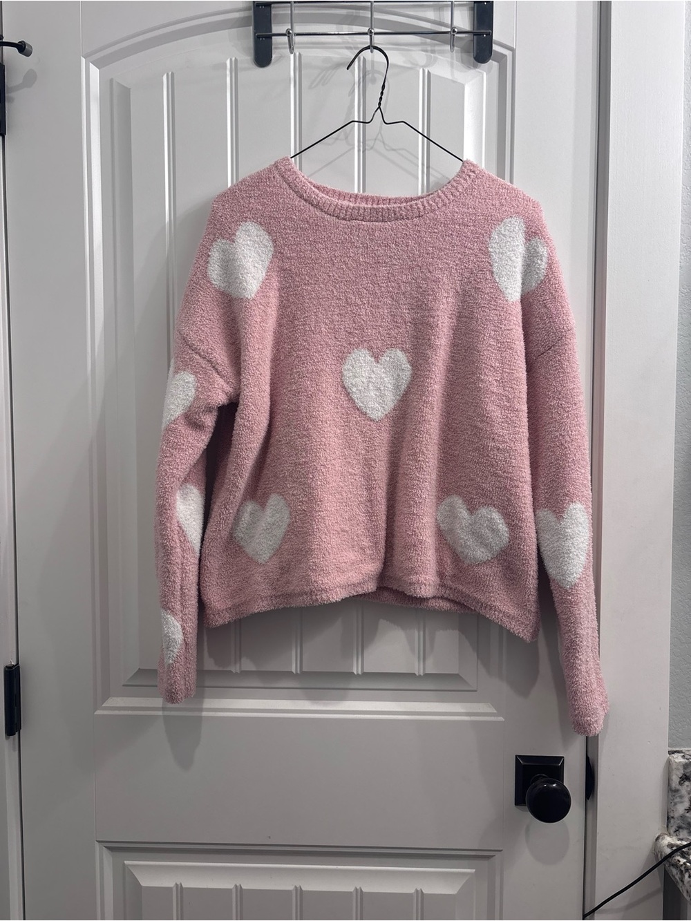 Happily Grey Cozy Pink Heart Plush Sweater - White Hearts